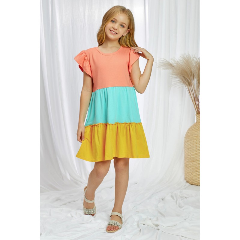 Yellow Ruffled Sleeve Colorblock Kid Dress