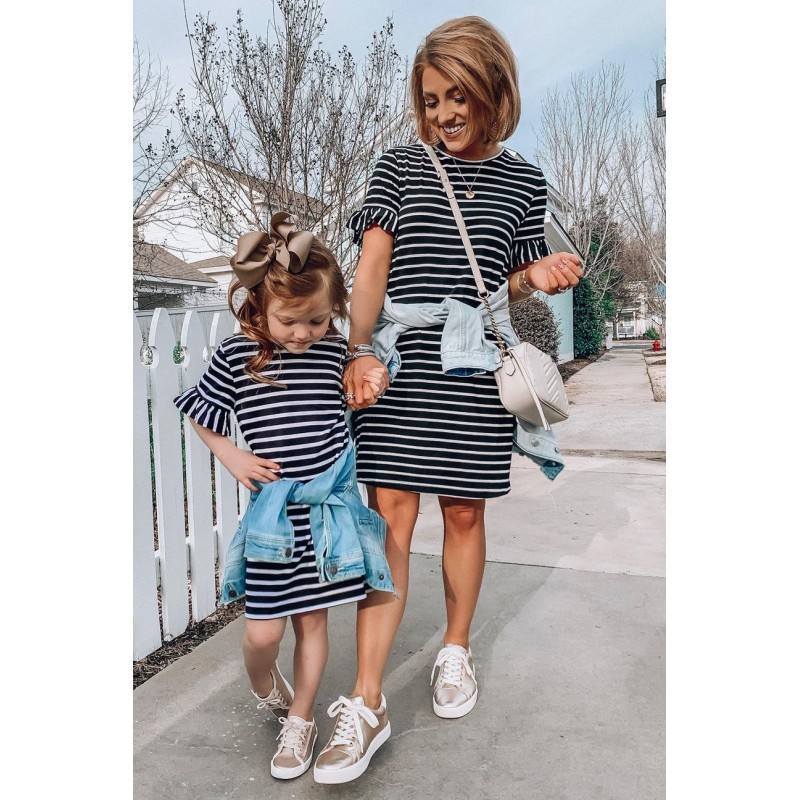 Family Matching Girls' Striped T-shirt Mini Dress with Ruffled Sleeves