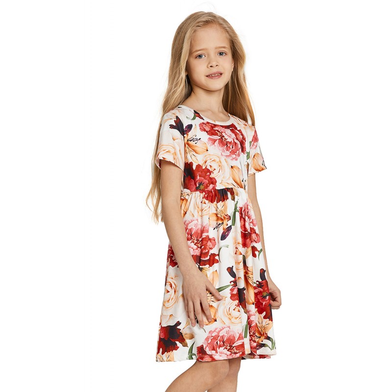 Crewneck Short Sleeve Floral Girl's Midi Dress