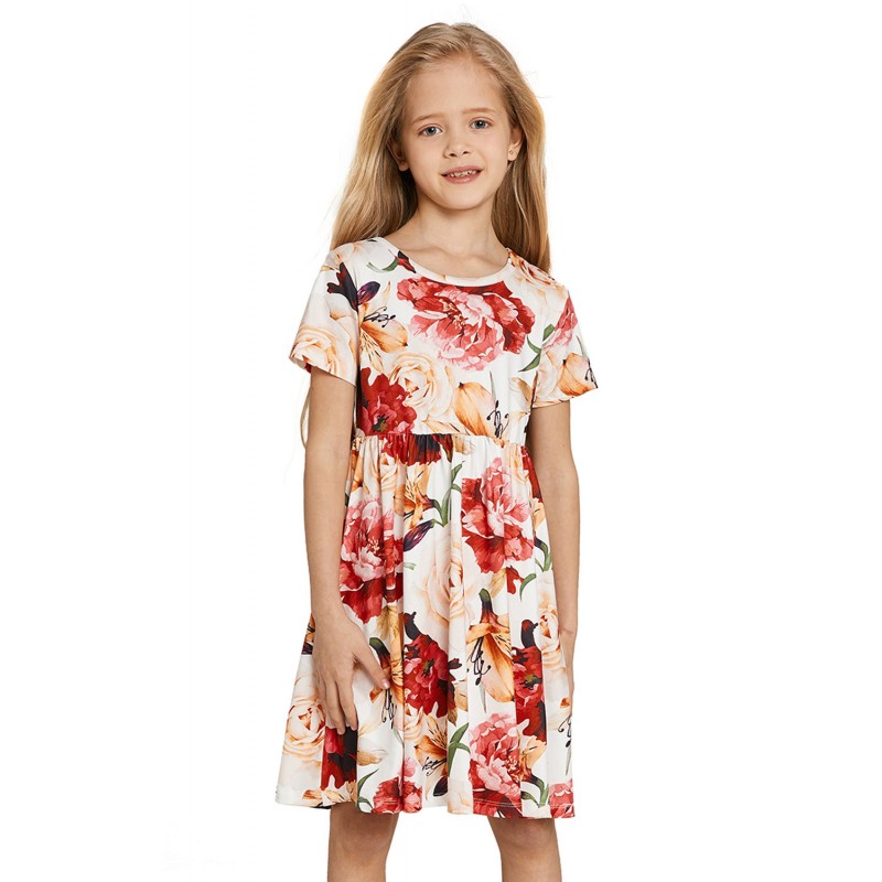 Crewneck Short Sleeve Floral Girl's Midi Dress