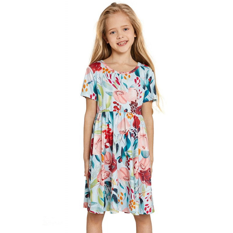 Sky Blue Crewneck Short Sleeve Floral Girl's Midi Dress