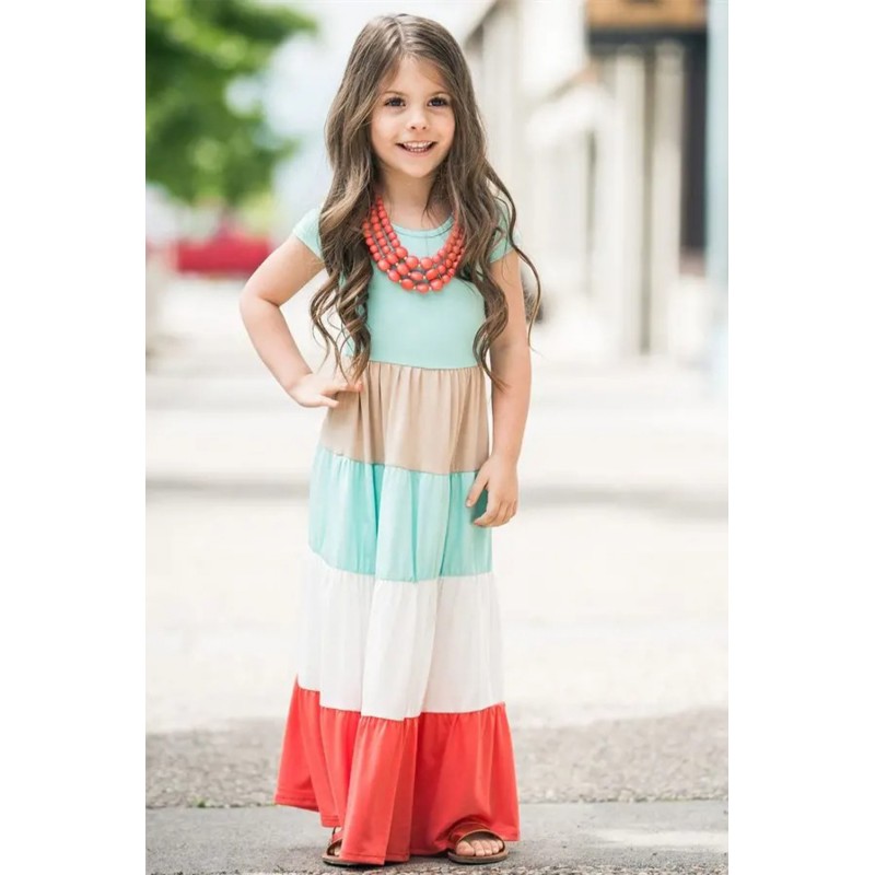 Family Matching Short Sleeve Color Block Kids' Maxi Dress