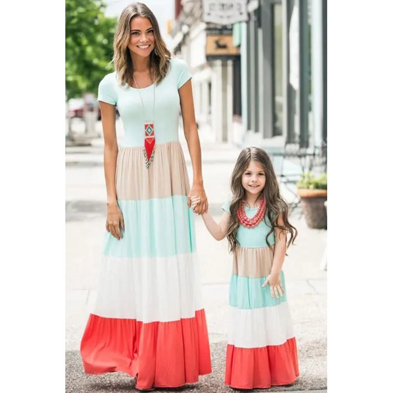 Family Matching Short Sleeve Color Block Kids' Maxi Dress