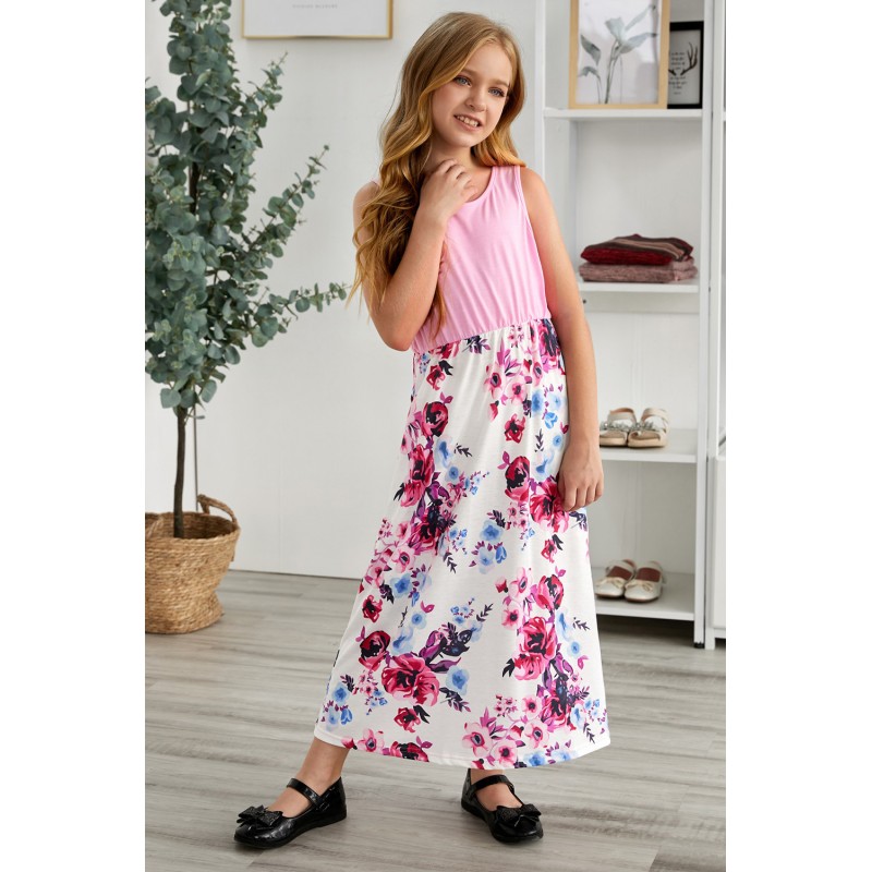 Pink Mom and Daughter Matching Sleeveless Floral Print Kid's Maxi Dress