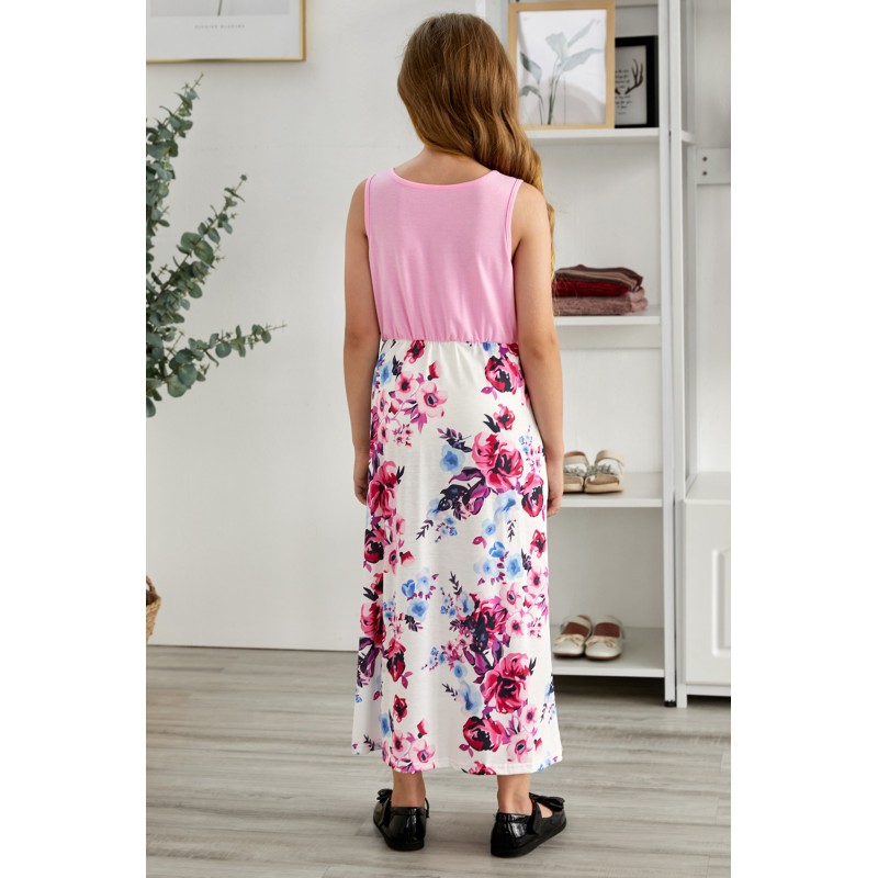 Pink Mom and Daughter Matching Sleeveless Floral Print Kid's Maxi Dress