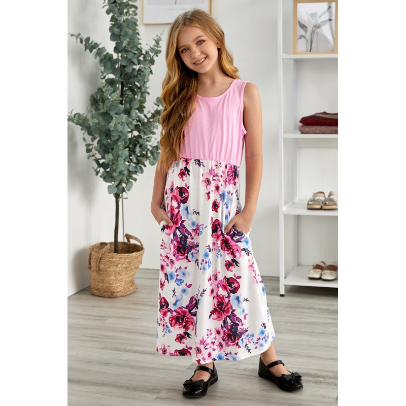 Pink Mom and Daughter Matching Sleeveless Floral Print Kid's Maxi Dress