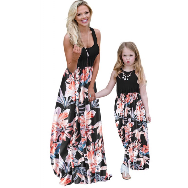 Black Mom and Daughter Matching Sleeveless Floral Print Kid's Maxi Dress