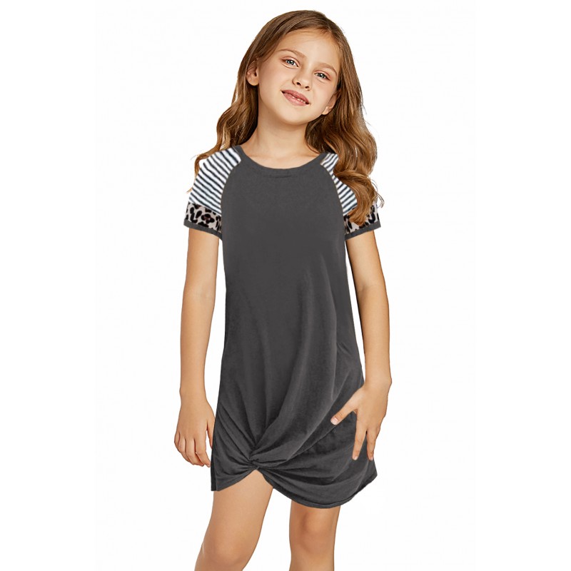 Gray Leopard Striped Splicing Twist Knot Kids Dress