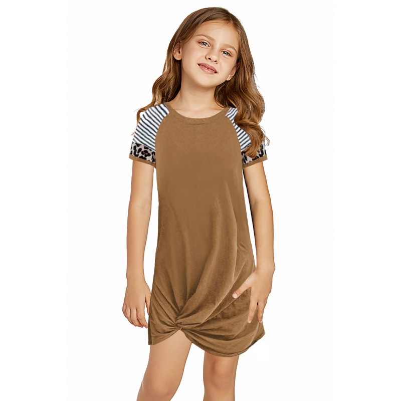 Brown Leopard Striped Splicing Twist Knot Kids Dress