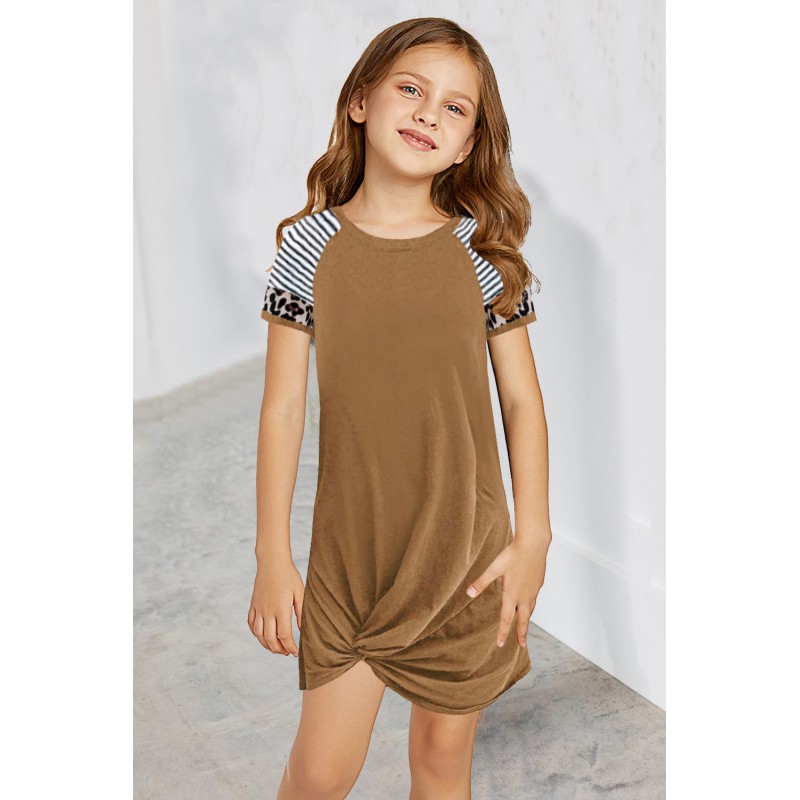 Brown Leopard Striped Splicing Twist Knot Kids Dress