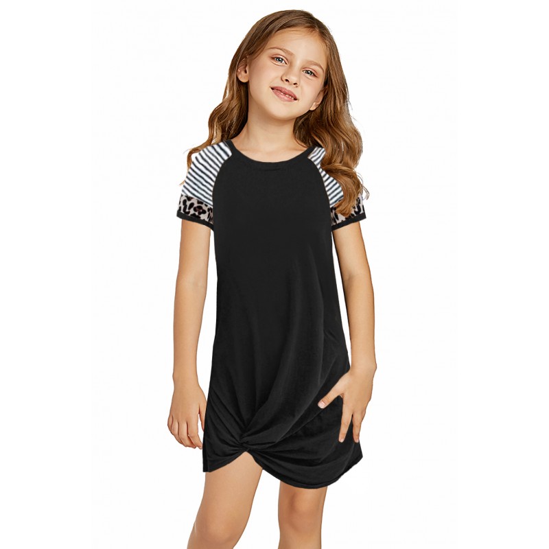 Black Leopard Striped Splicing Twist Knot Kids Dress