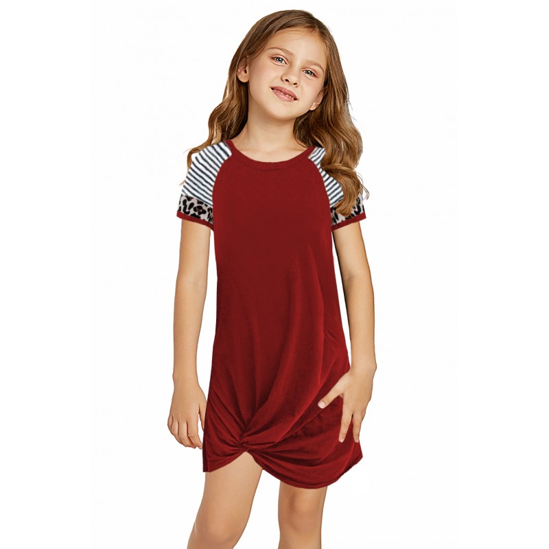 Red Leopard Striped Splicing Twist Knot Kids Dress