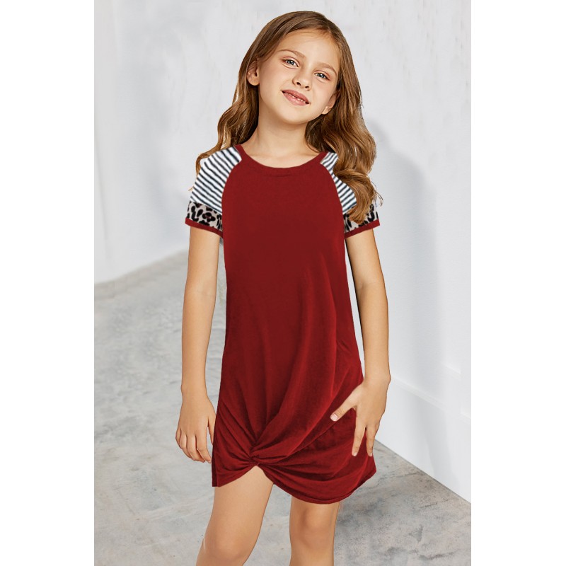 Red Leopard Striped Splicing Twist Knot Kids Dress