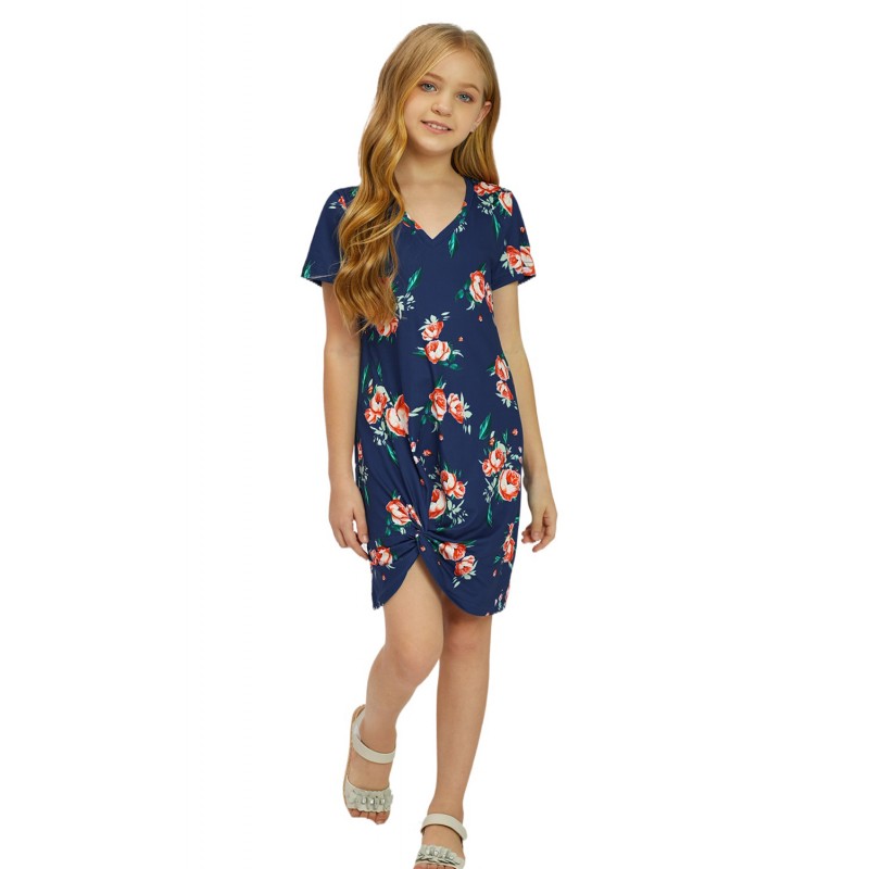 Blue Floral Print Twist Knot V Neck Girl's Mini Dress