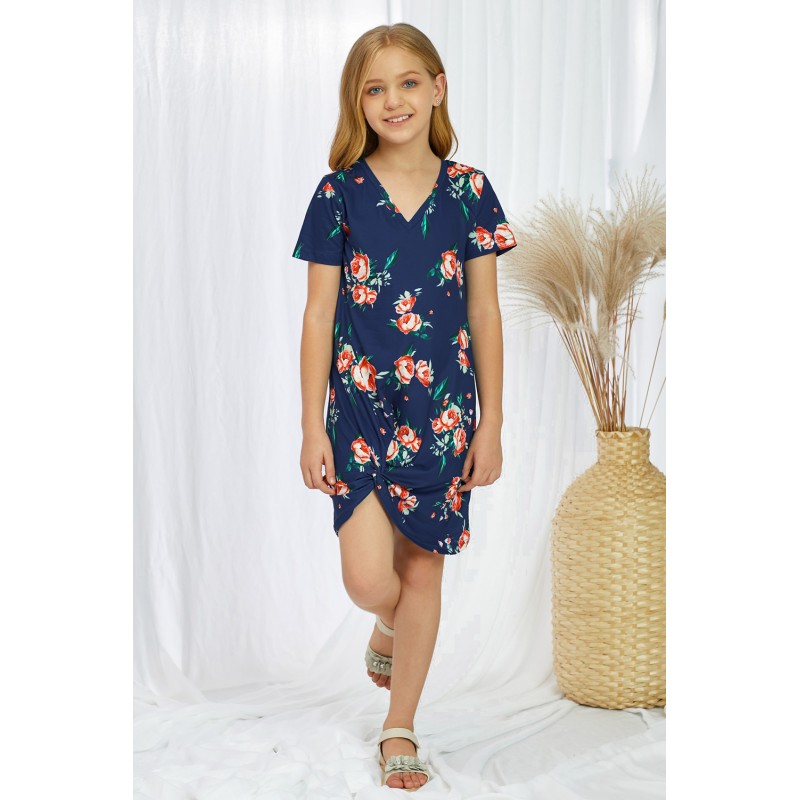 Blue Floral Print Twist Knot V Neck Girl's Mini Dress