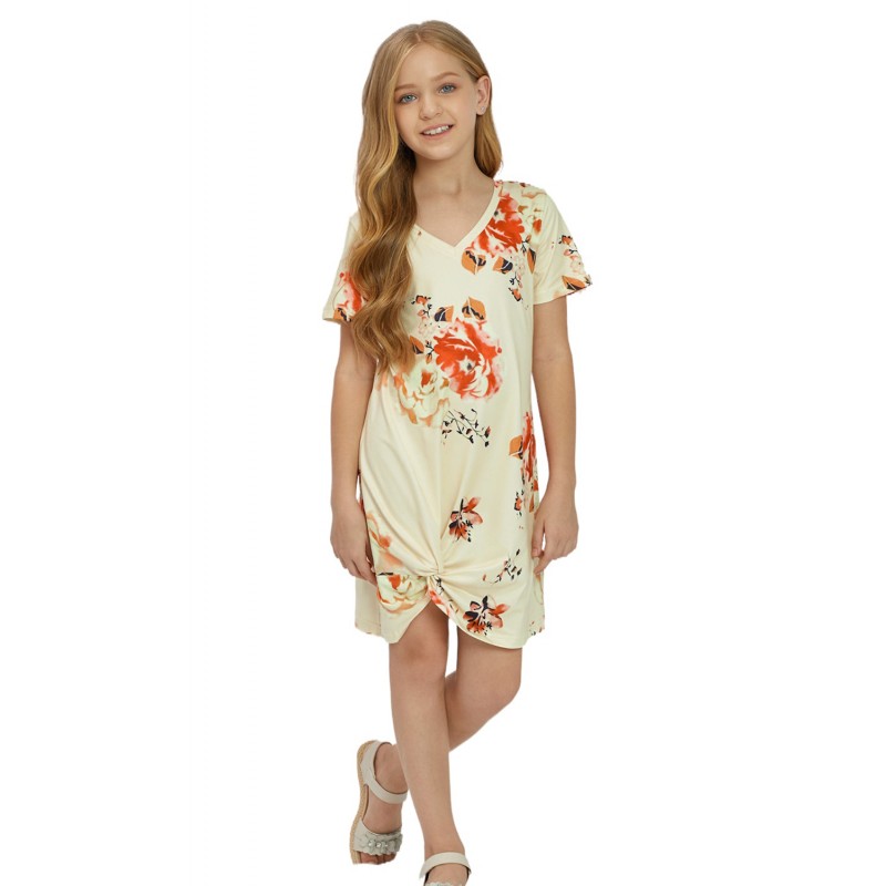 Yellow Floral Print Twist Knot V Neck Girl's Mini Dress