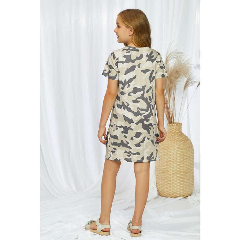 Camo Print Twist Knot V Neck Girl's Mini Dress