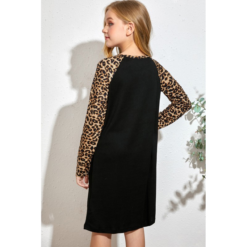 Black Leopard Patchwork Girl's Long Sleeve Dress