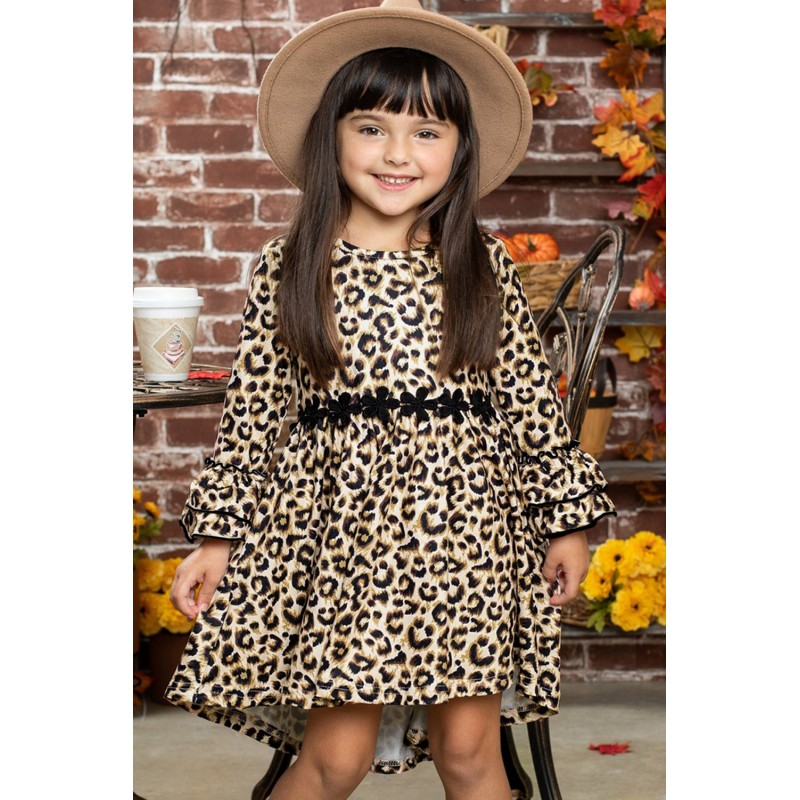 Girls Hi-lo Crochet Trim Ruffled Sleeve Leopard Dress