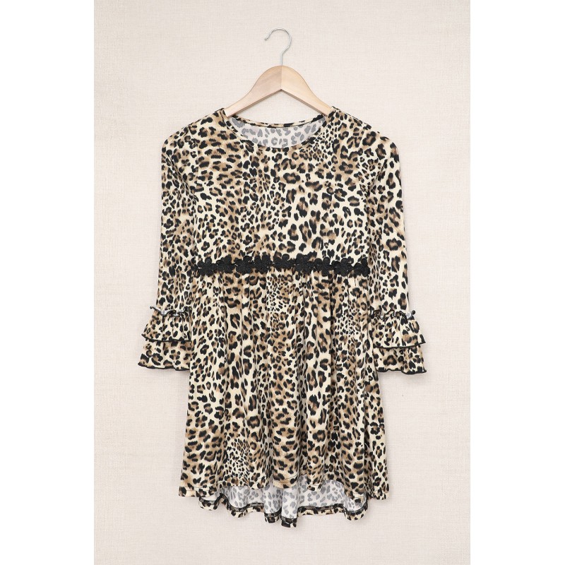 Girls Hi-lo Crochet Trim Ruffled Sleeve Leopard Dress