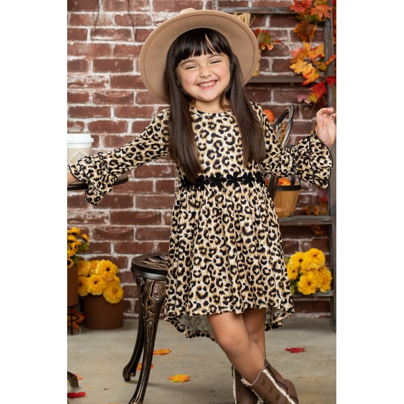 Girls Hi-lo Crochet Trim Ruffled Sleeve Leopard Dress