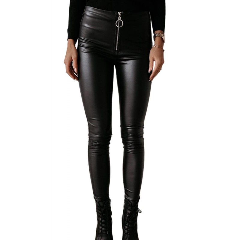 Black Solid Skinny Zipper PU Pants