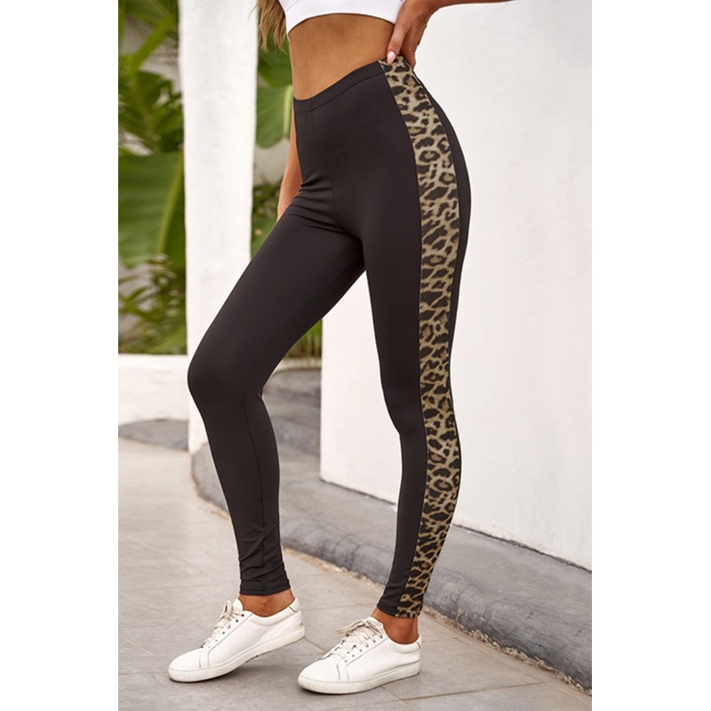 Black Leopard Splicing Mid Waist Stretchy Skinny Pants