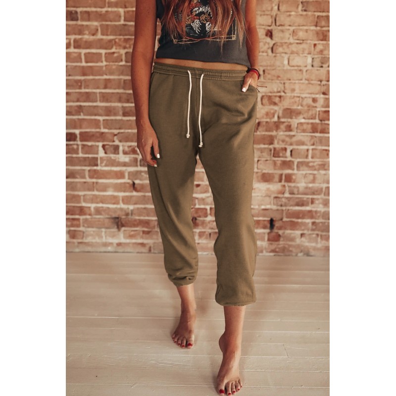 Khaki Drawstring Waist Pockets Sweatpants