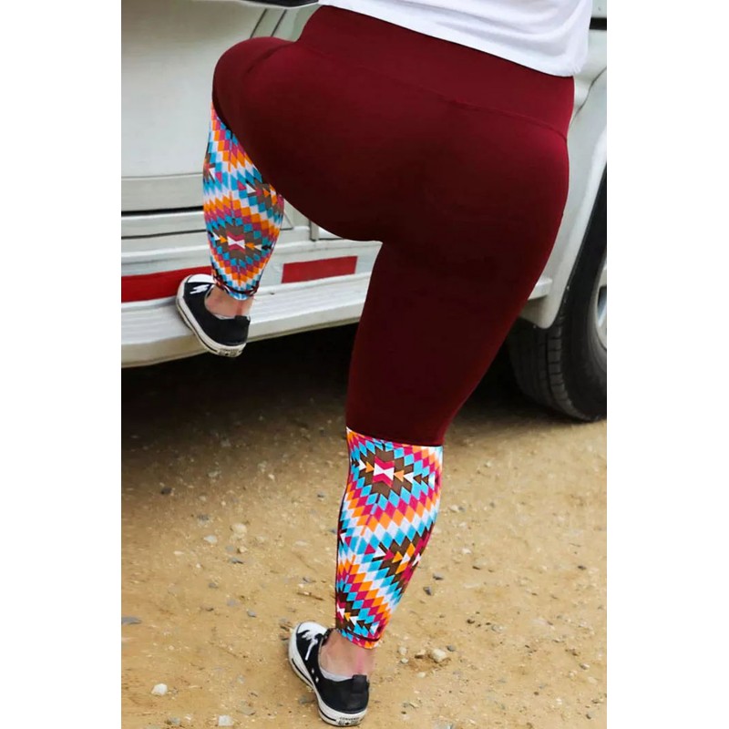 Red Aztec Splicing High Waist Plus Size Pants