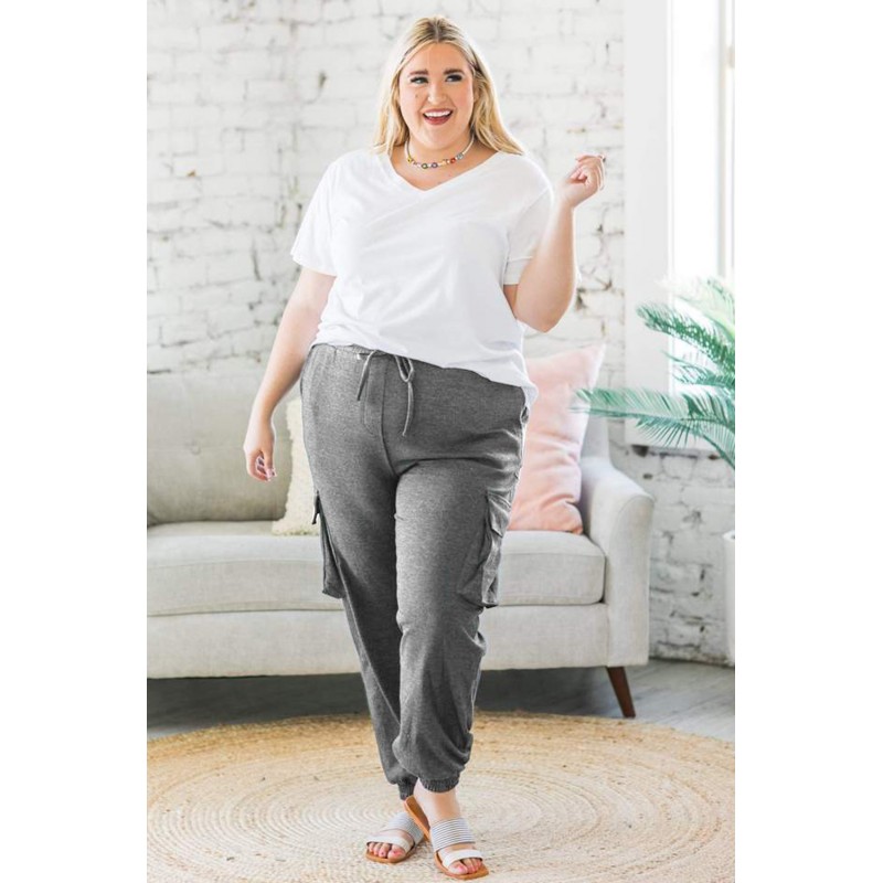 Gray Elastic Waist Side Pocket Plus Size Jogger Pants