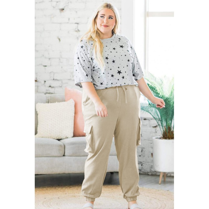 Khaki Elastic Waist Side Pocket Plus Size Jogger Pants