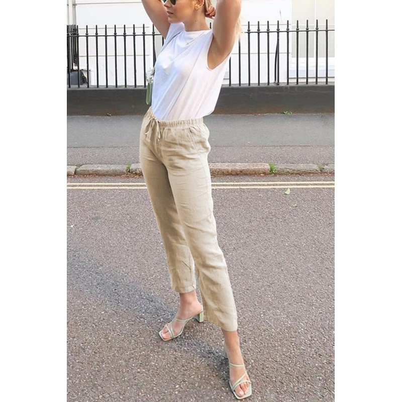 Khaki Drawstring Elastic Waist Pockets Long Straight Legs Pants