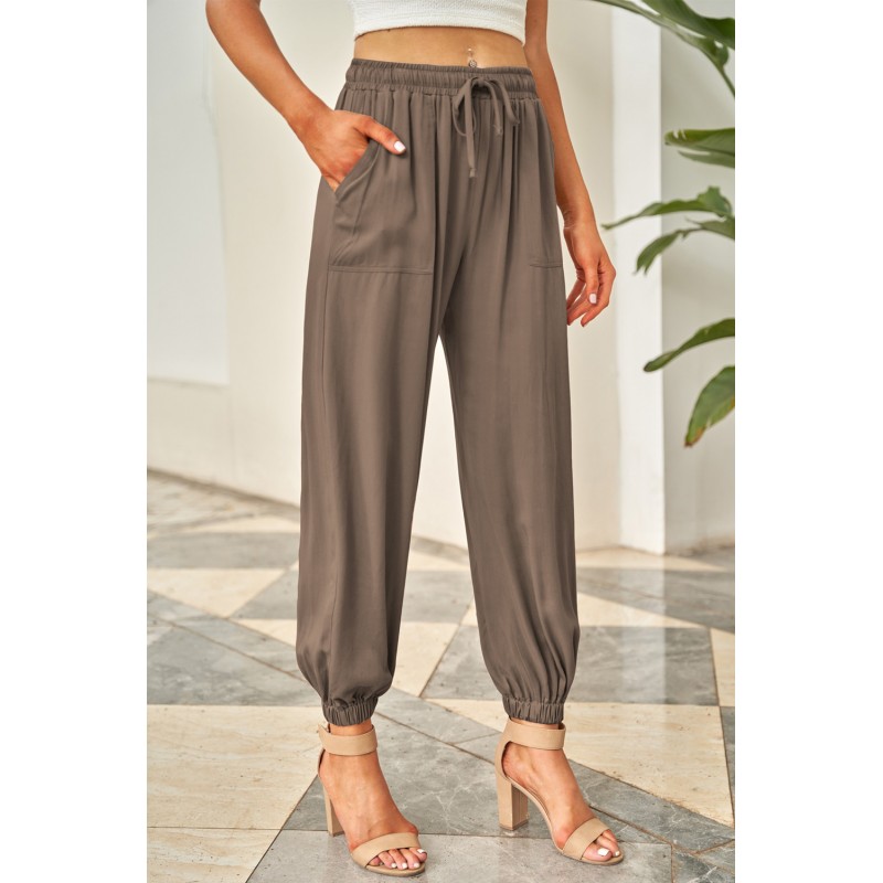 Brown Drawstring Elastic Waist Pull-on Casual Pants with Pockets