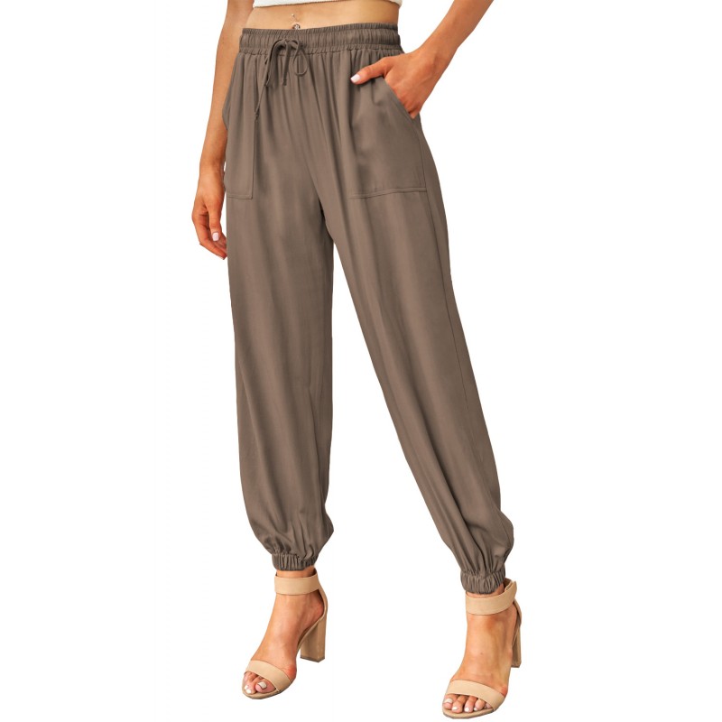 Brown Drawstring Elastic Waist Pull-on Casual Pants with Pockets