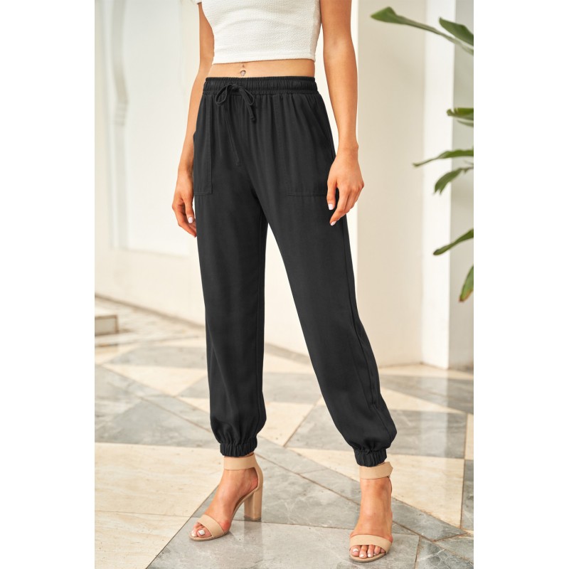 Black Drawstring Elastic Waist Pull-on Casual Pants with Pockets