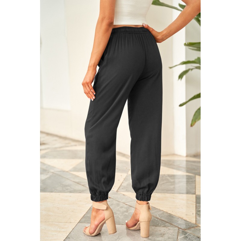 Black Drawstring Elastic Waist Pull-on Casual Pants with Pockets