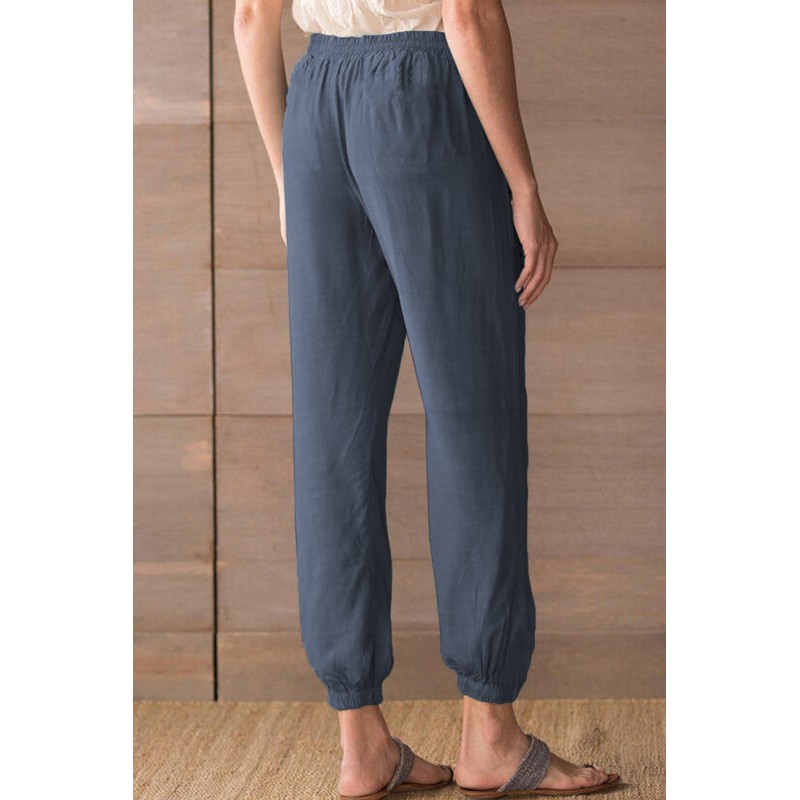 Blue Drawstring Elastic Waist Pull-on Casual Pants with Pockets