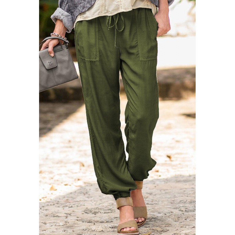 Green Drawstring Elastic Waist Pull-on Casual Pants with Pockets