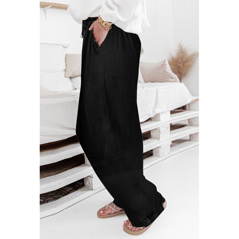 Black High Waist Drawstring Wide Legs Casual Pants