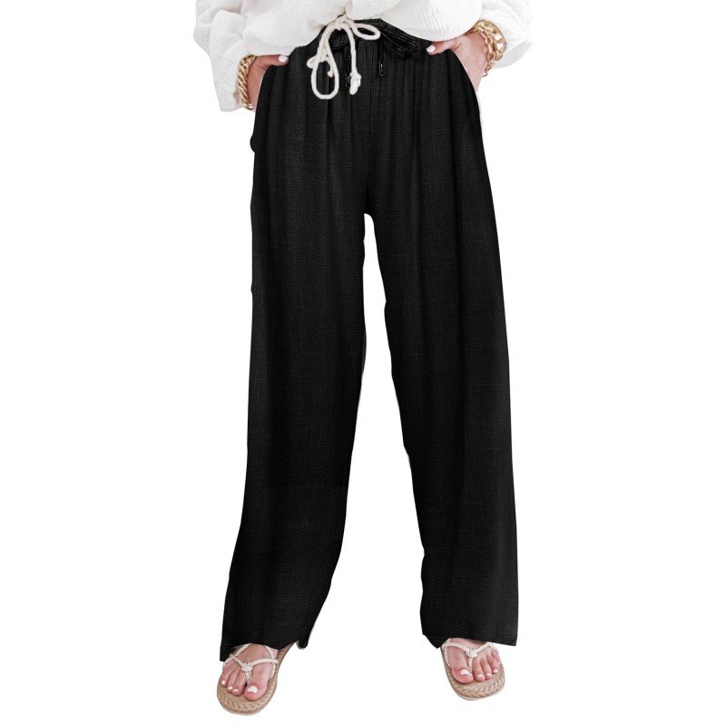 Black High Waist Drawstring Wide Legs Casual Pants