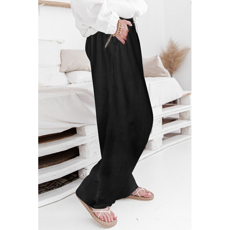 Black High Waist Drawstring Wide Legs Casual Pants