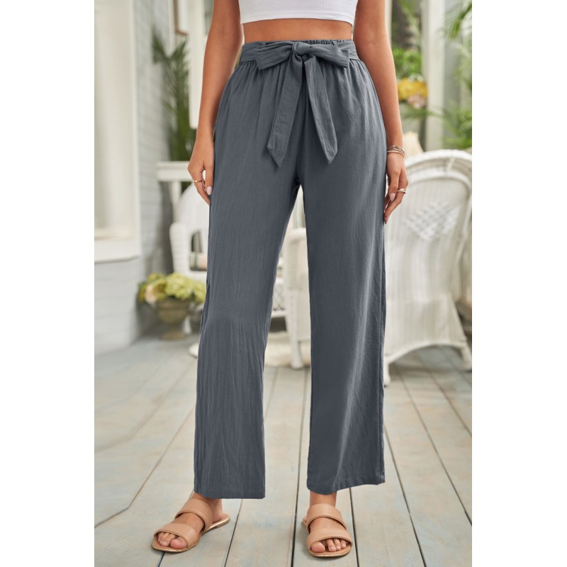 Gray Elastic Waist Drawstring Wide Leg Pants