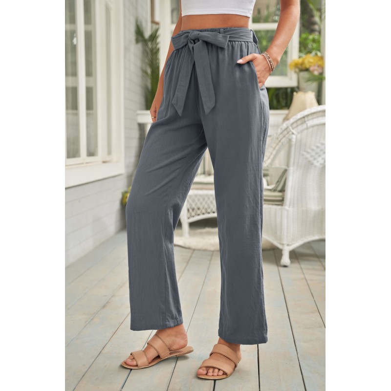 Gray Elastic Waist Drawstring Wide Leg Pants