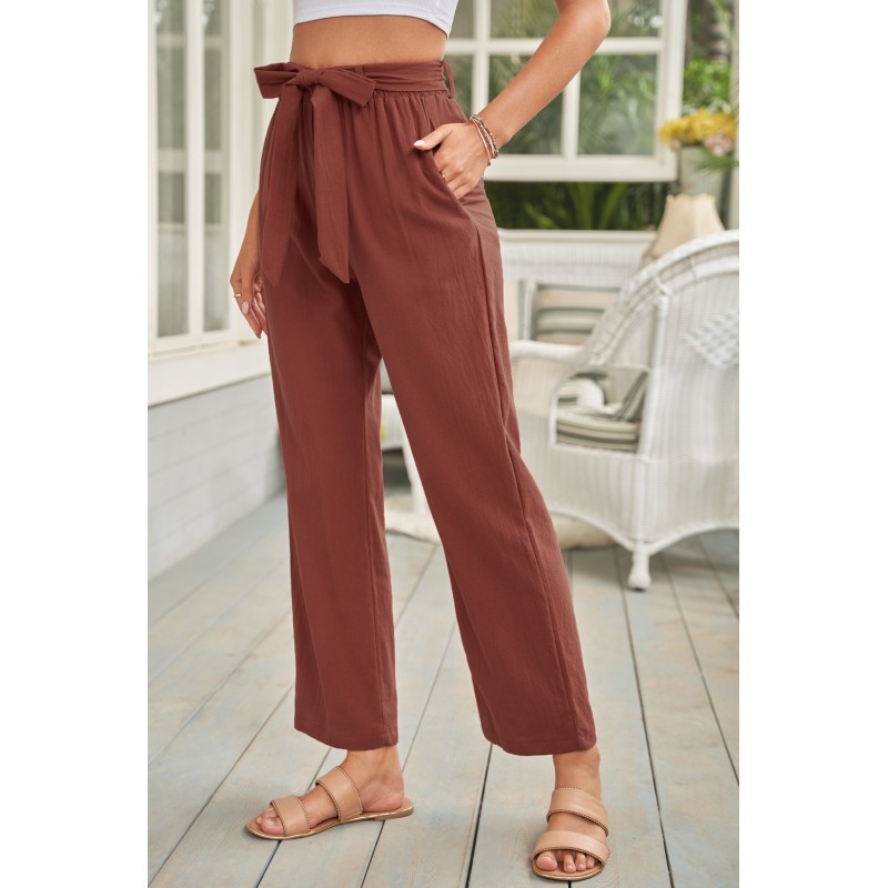 Red Elastic Waist Drawstring Wide Leg Pants