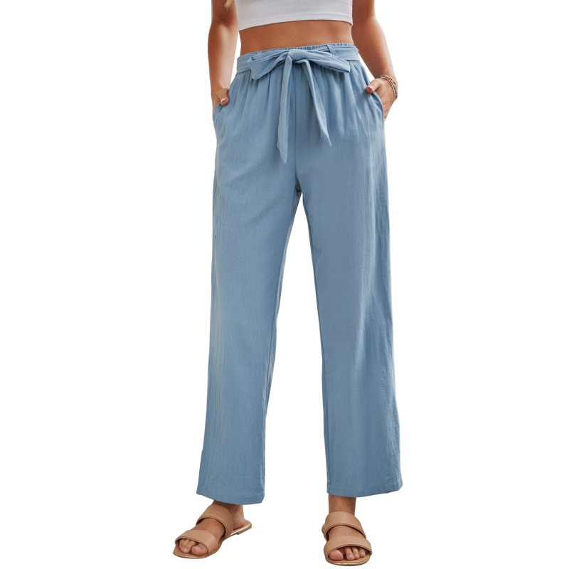 Sky Blue Elastic Waist Drawstring Wide Leg Pants