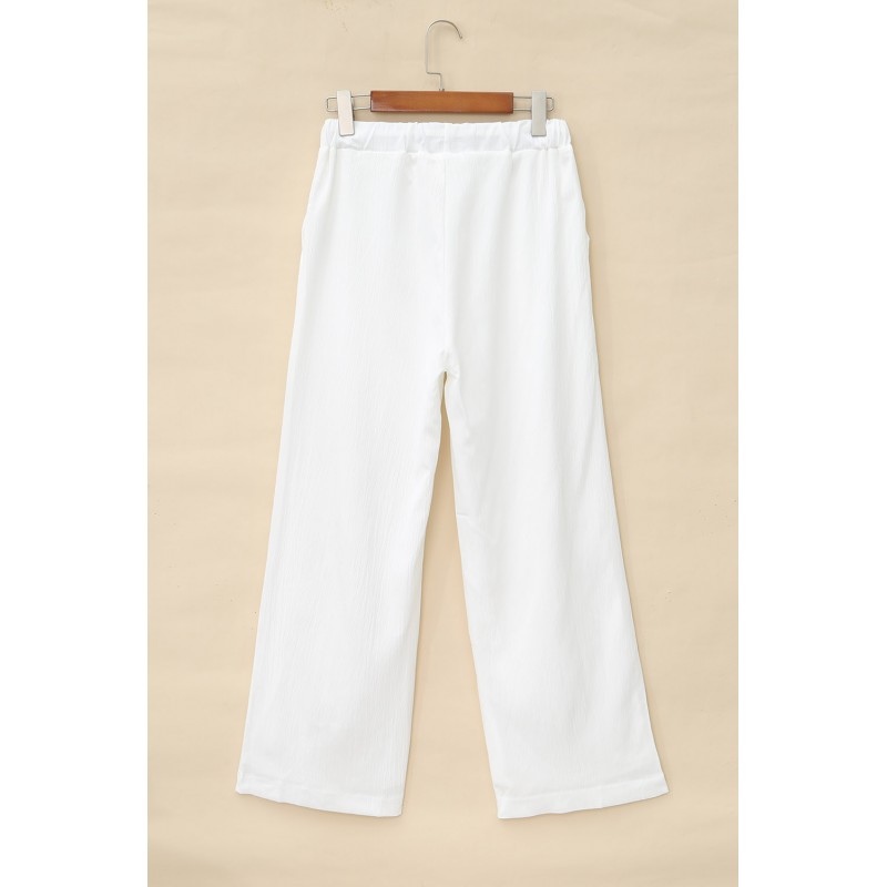 White Drawstring Waist Crinkled Wide Leg Pants