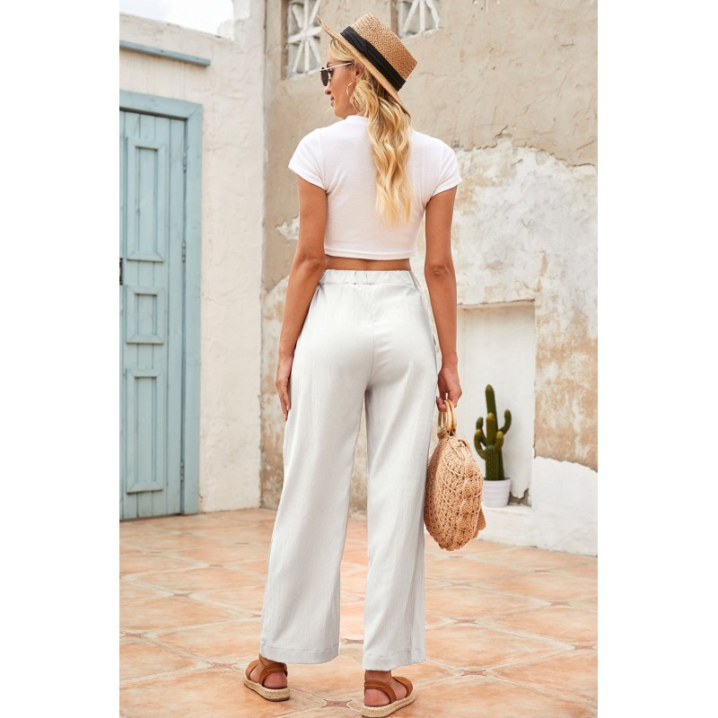 White Drawstring Waist Crinkled Wide Leg Pants