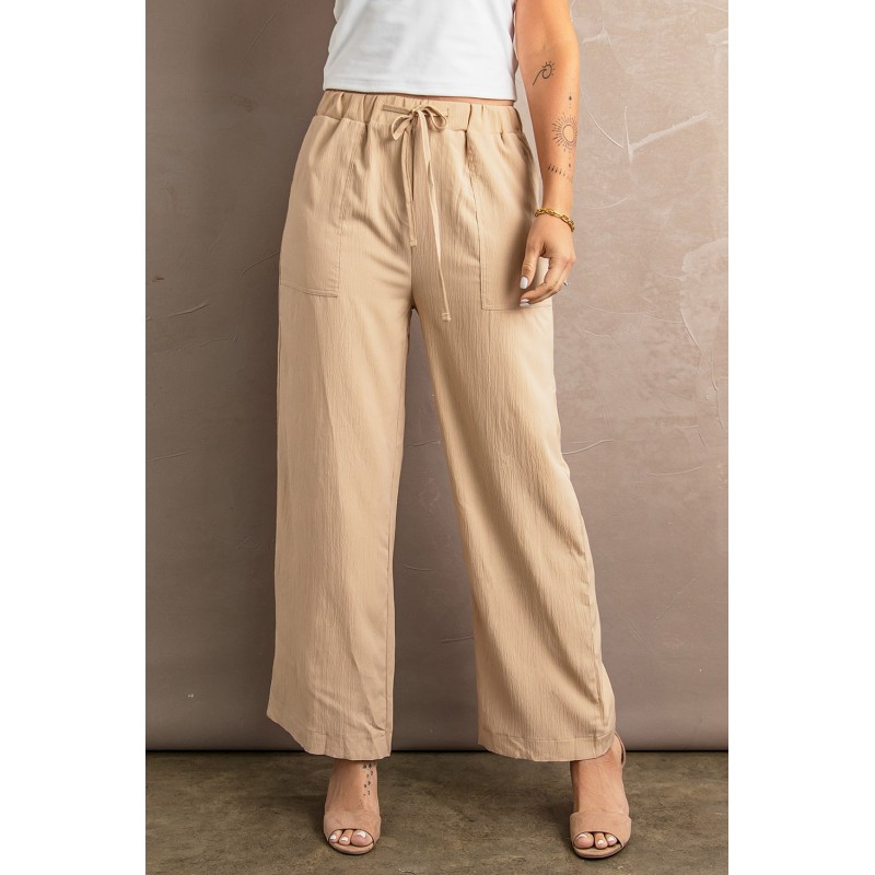 Khaki Drawstring Waist Crinkled Wide Leg Pants