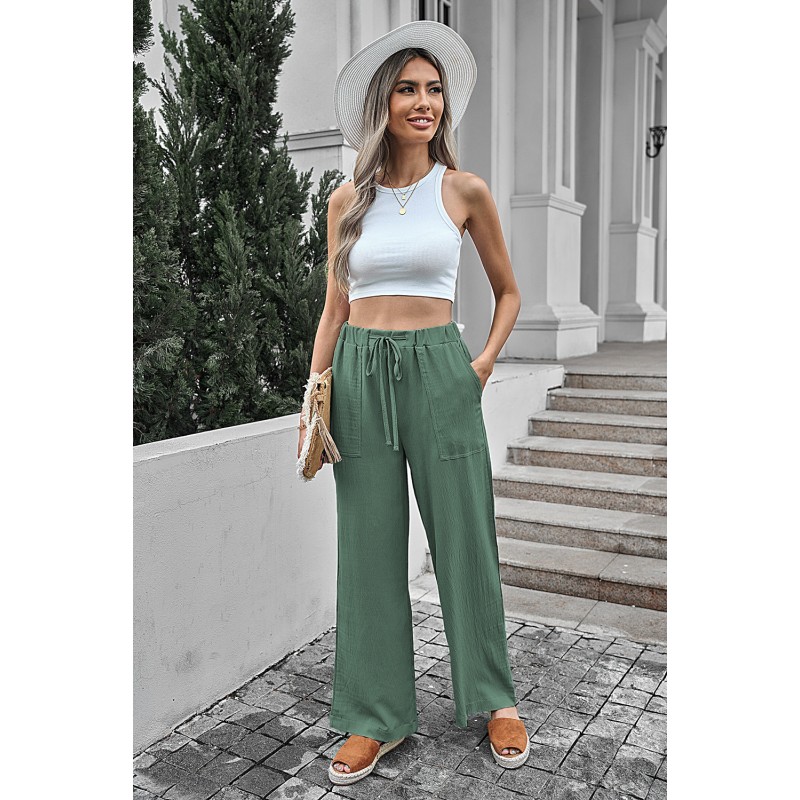 Green Drawstring Waist Crinkled Wide Leg Pants