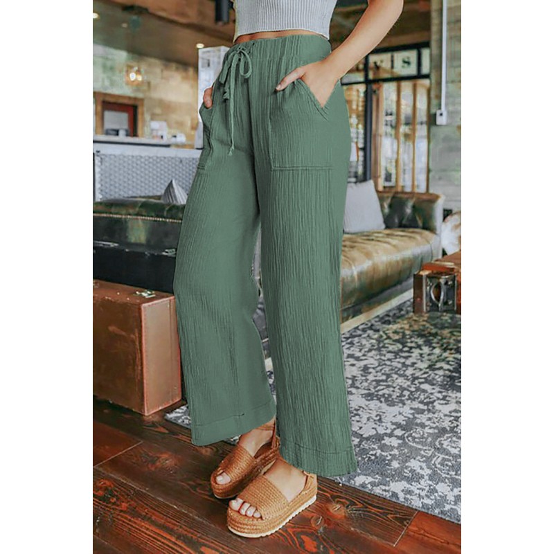 Green Drawstring Waist Crinkled Wide Leg Pants